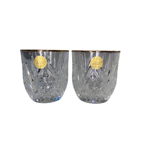 Cristal D'Arques Durand Longchamp Double Old Fashioned Glasses Gold Rim Set Of 2 - Picture 9 of 9